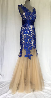 Royal Blue Lace and Nude Tulle Mermaid Gown